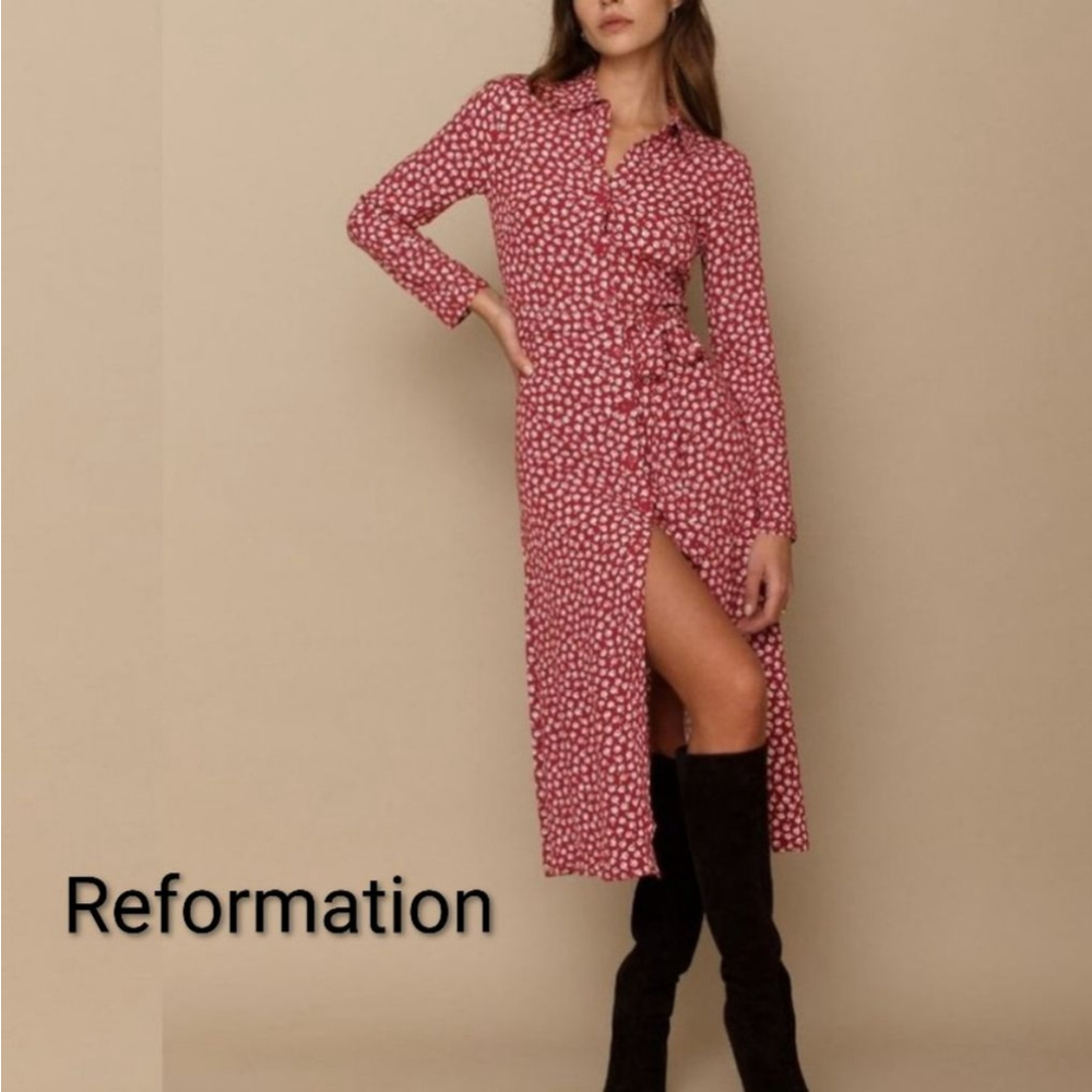 $198 Reformation Brighton Button Down Shirt Dress Red Burgundy White floral sz S